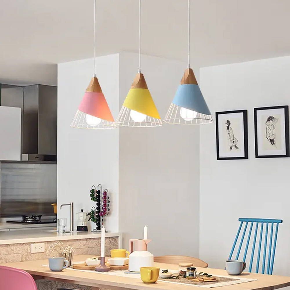 Indoor Luminous Pink Yellow Blue Macaroon Color Chandelier Dinning Room Hanging Pendant Light 3 Head